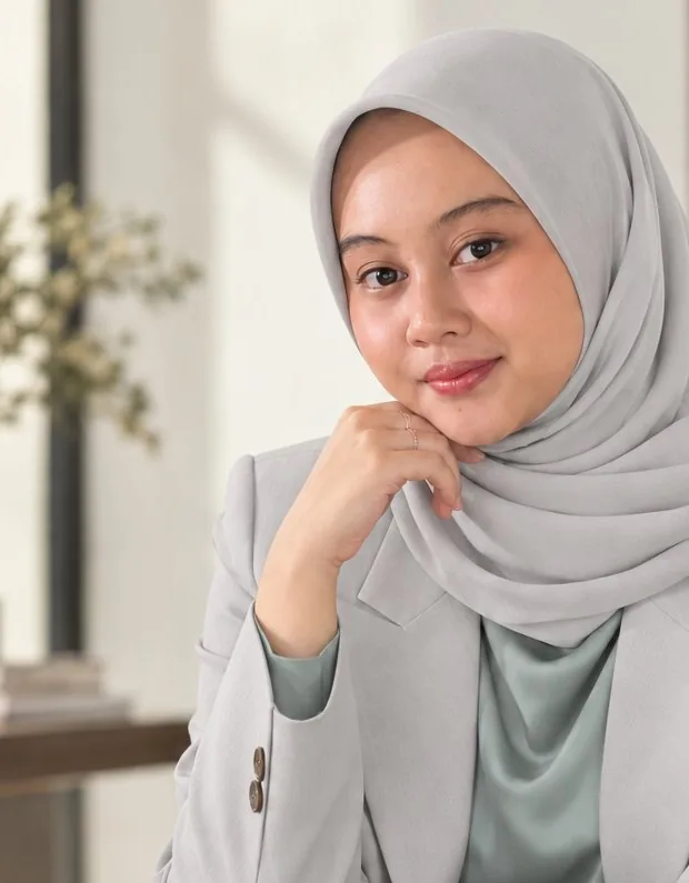 Potret spesialis promosi kesehatan, mengenakan hijab dan blazer abu-abu, duduk dengan tangan di bawah dagu.