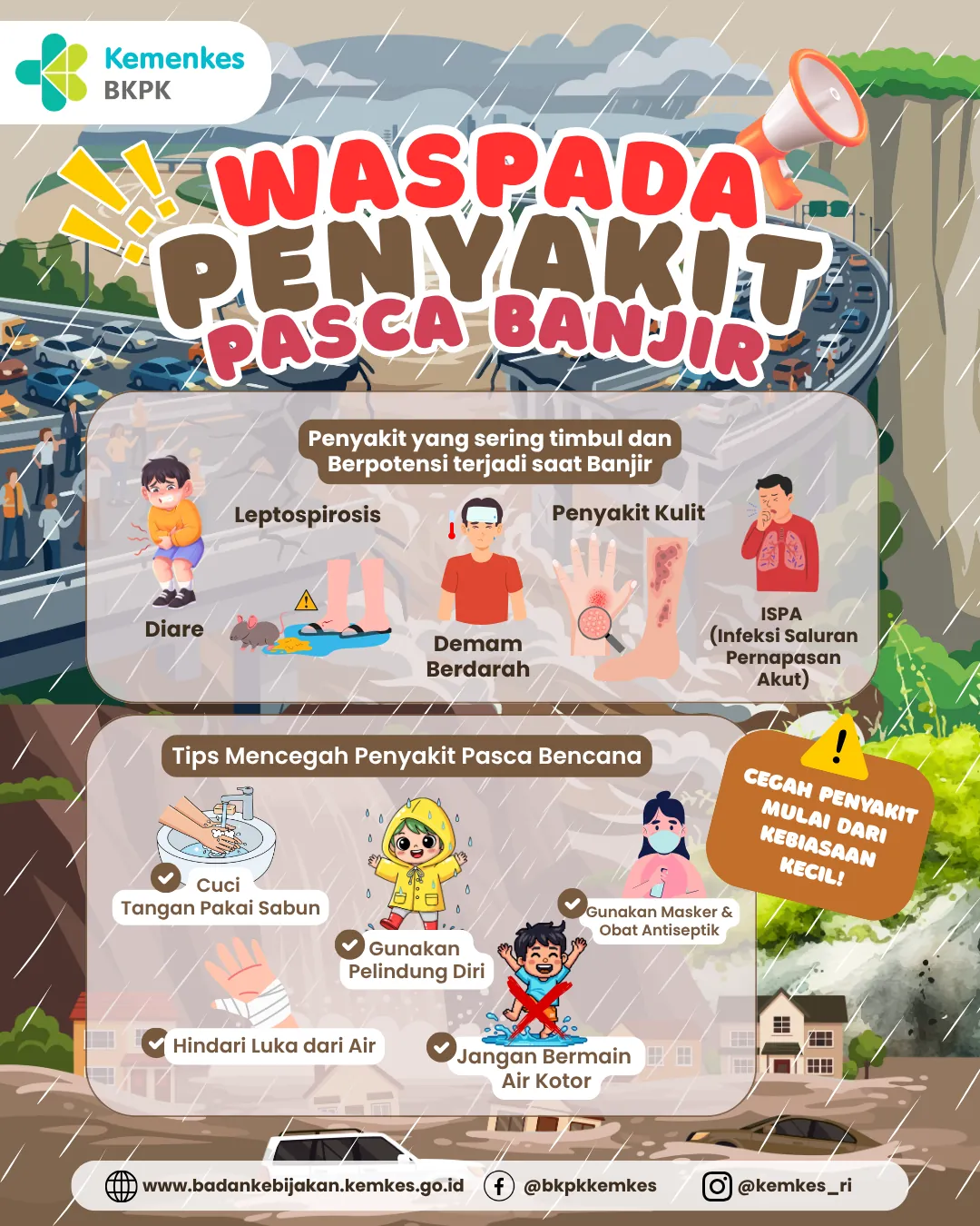 Unggahan berisi ilustrasi genangan banjir dengan daftar leptospirosis, diare, demam berdarah, penyakit kulit, dan ISPA, disertai lima langkah pencegahan.