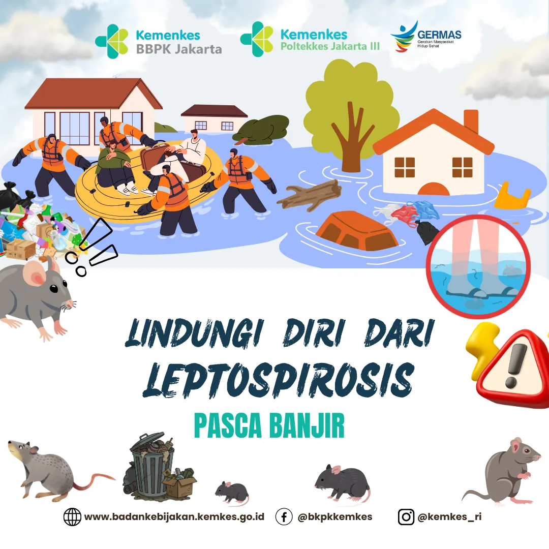 Panel berisi ilustrasi permukiman terendam dan tikus, berjudul lindungi diri dari leptospirosis pasca banjir.