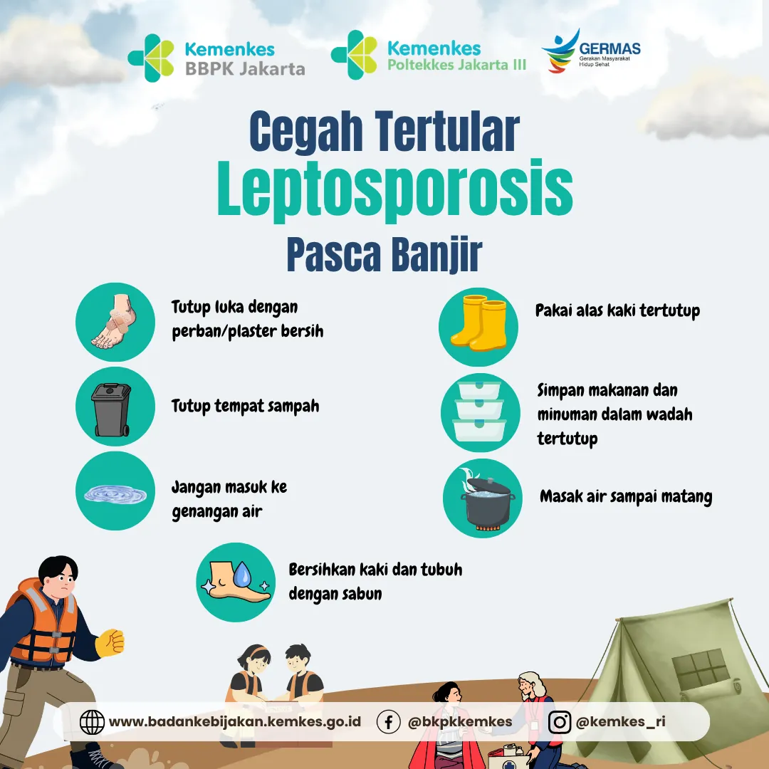 Panel berisi enam langkah pencegahan leptospirosis, dari menutup luka sampai mencuci kaki dengan sabun.