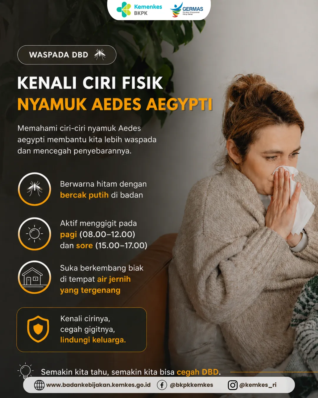 Unggahan berlatar gelap berisi tiga fakta bergambar tentang ciri fisik, waktu menggigit, dan tempat berkembang biak nyamuk Aedes aegypti.