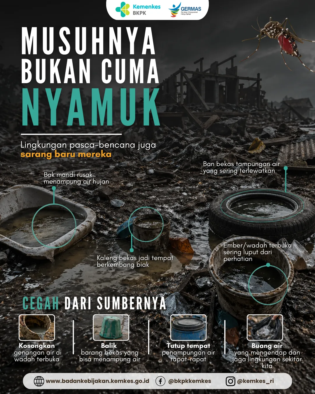 Unggahan berisi foto puing pasca-bencana dengan tanda pada bak mandi rusak, kaleng, ban bekas, dan ember yang menampung air.