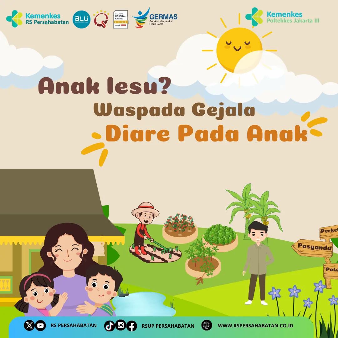 Panel berisi ilustrasi keluarga di halaman rumah dengan judul anak lesu, waspada gejala diare pada anak.