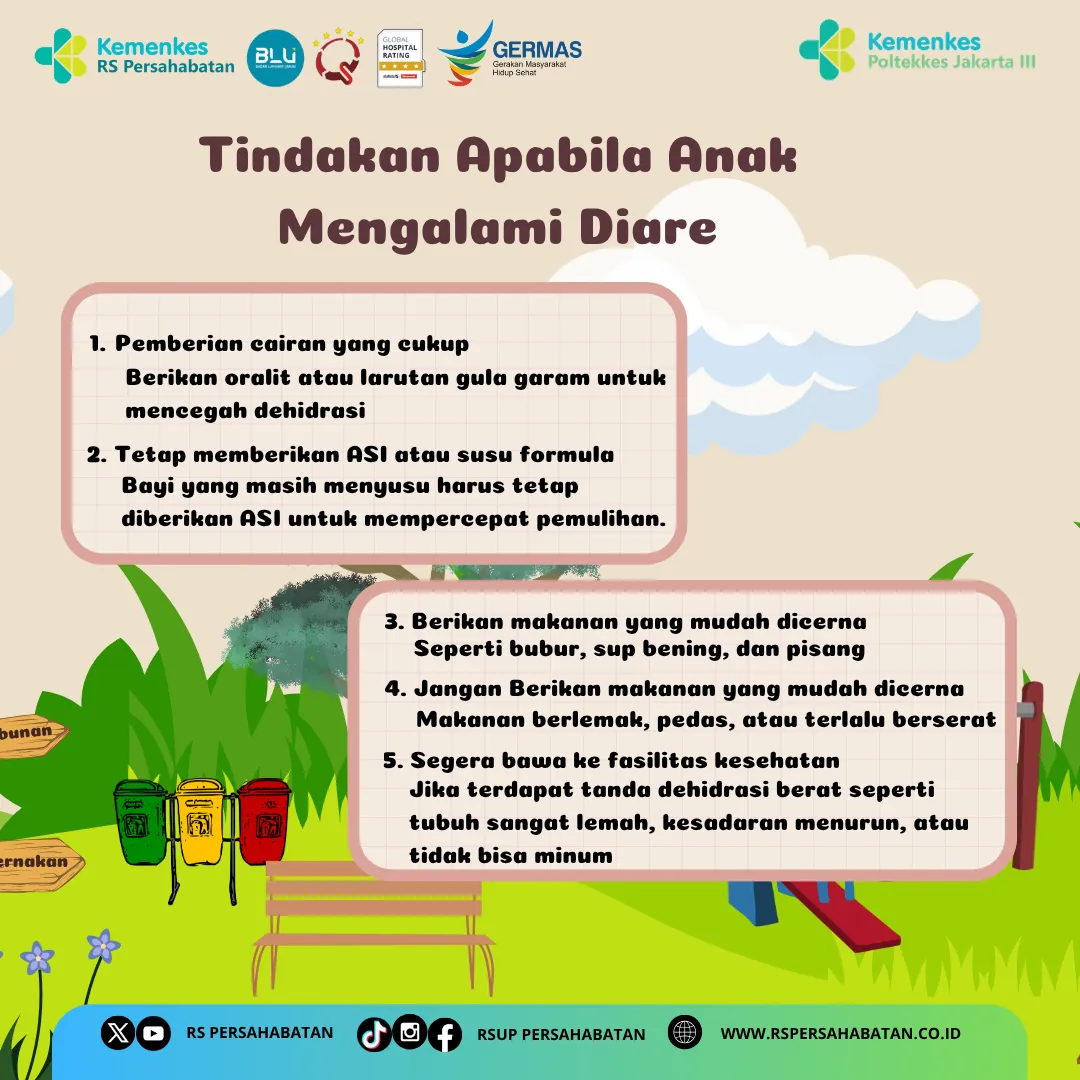 Panel berisi lima langkah penanganan diare pada anak, dari pemberian cairan sampai rujukan ke fasilitas kesehatan.