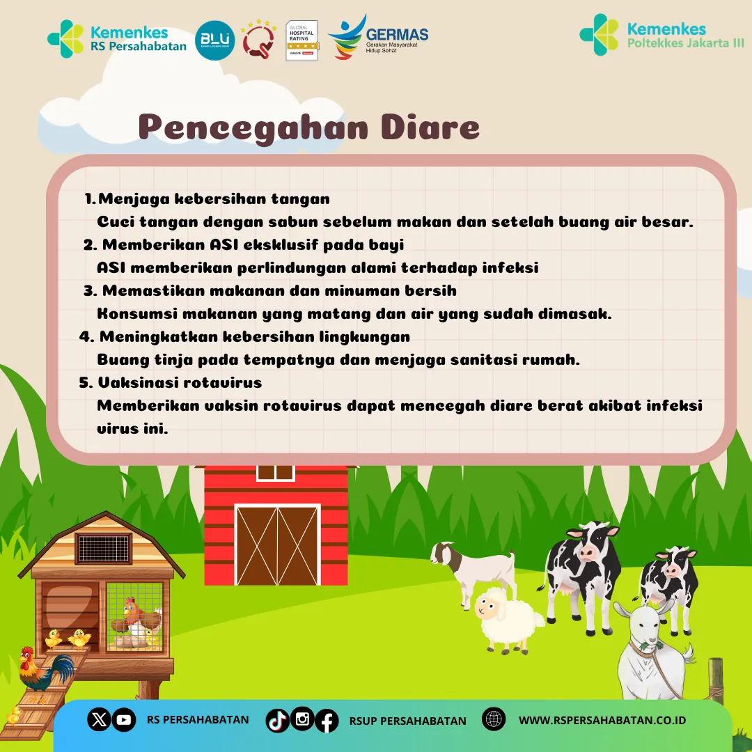Panel berisi enam langkah pencegahan diare, termasuk cuci tangan dengan sabun dan pemberian ASI eksklusif.