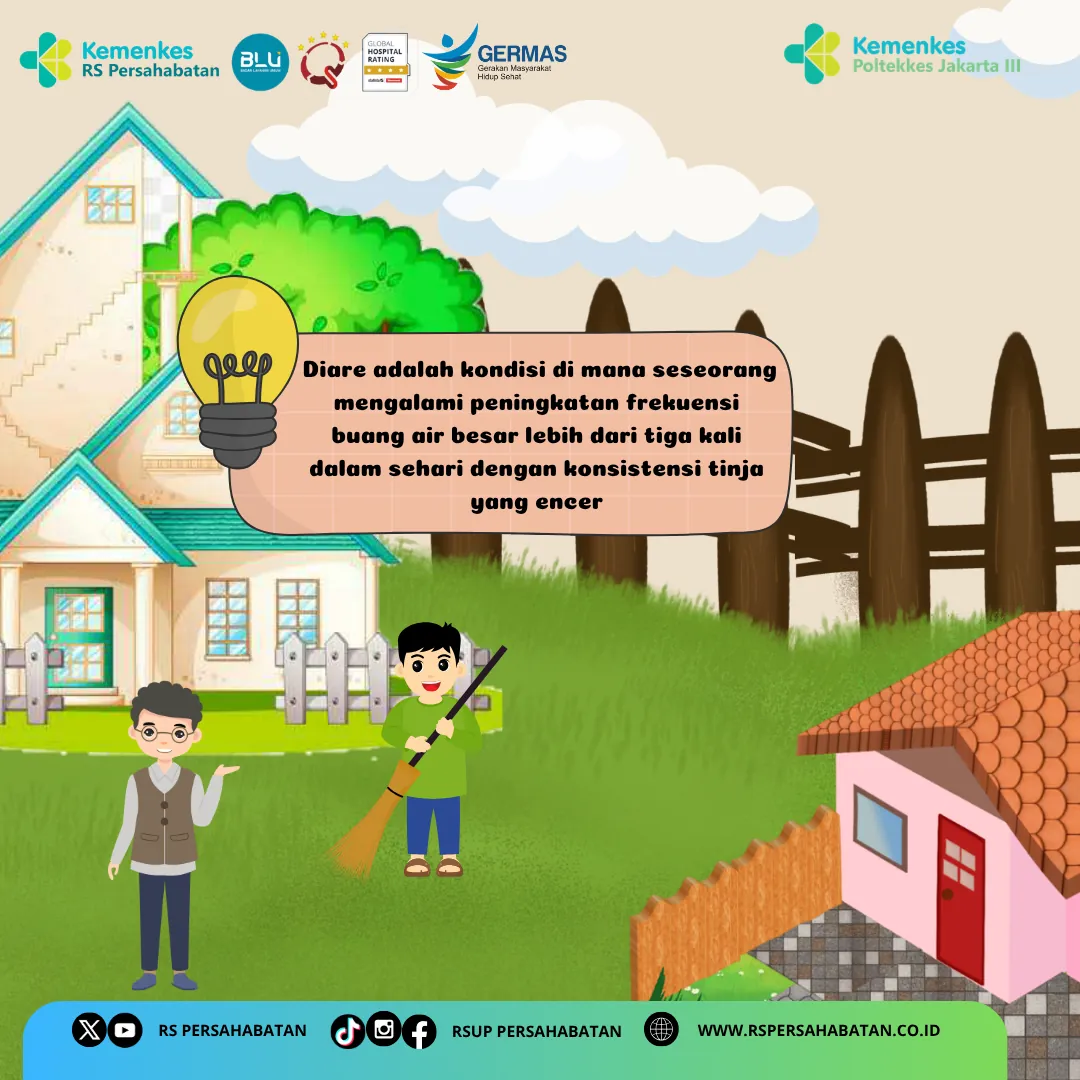 Panel berisi ilustrasi rumah dan warga dengan kalimat definisi diare, yaitu buang air besar lebih dari tiga kali sehari dengan tinja encer.