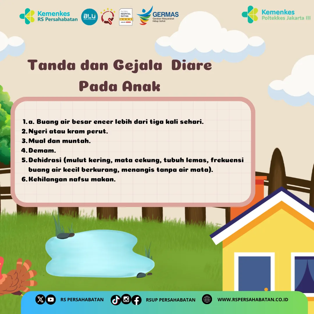 Panel berisi enam tanda dan gejala diare pada anak, termasuk daftar tanda dehidrasi seperti mulut kering dan mata cekung.