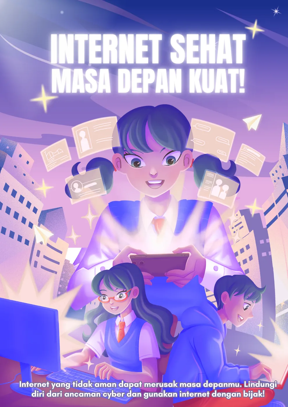 Poster bergaya ilustrasi digital dengan judul internet sehat masa depan kuat dan gambar pelajar menggunakan komputer serta ponsel.