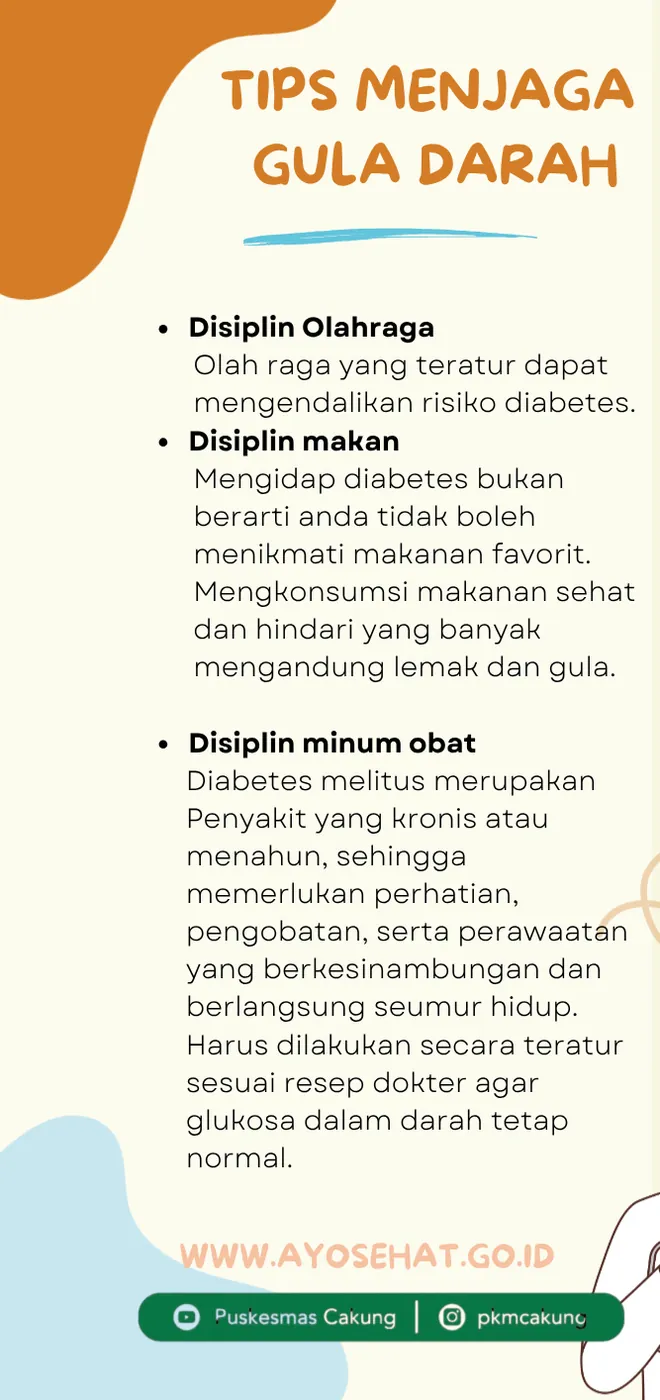 Panel berisi tiga anjuran harian bagi penderita diabetes, yaitu disiplin olahraga, makan, dan minum obat.