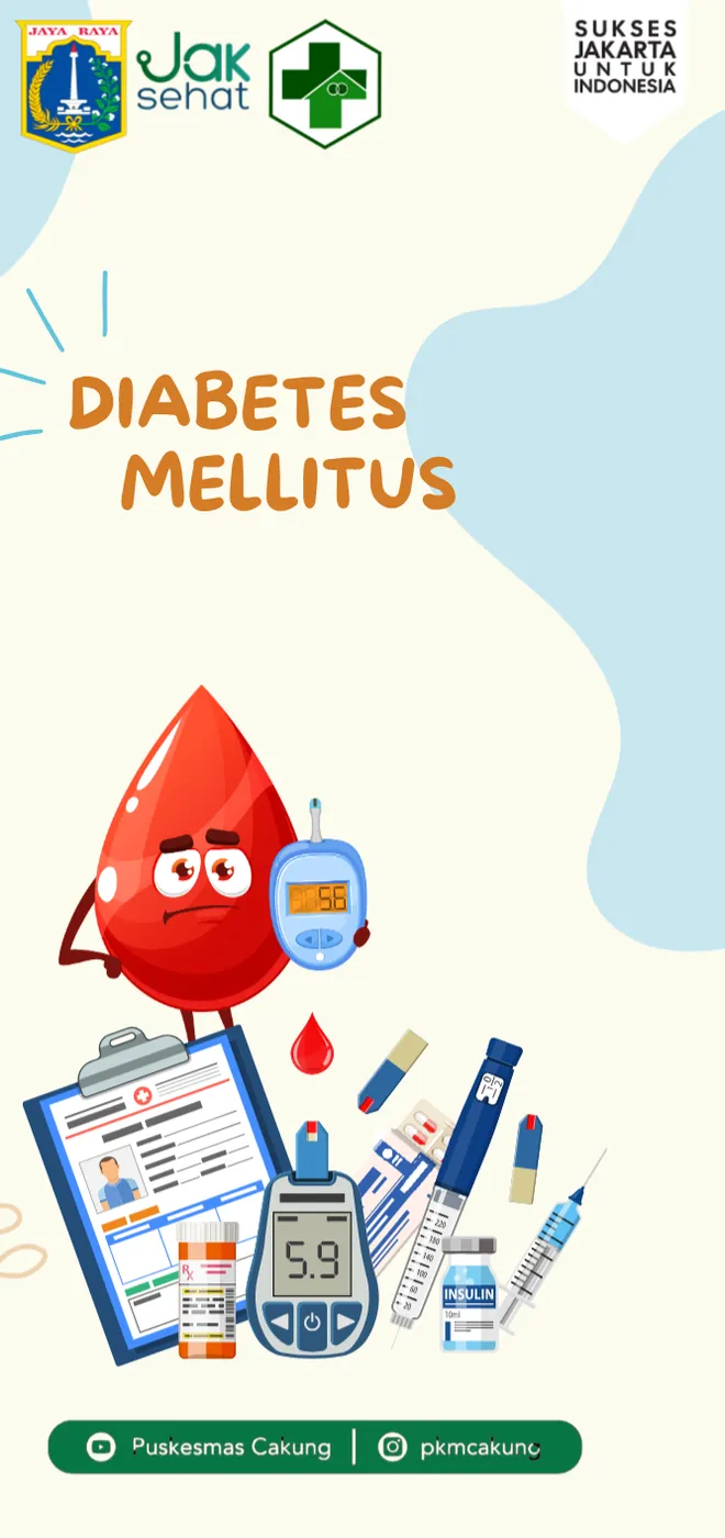Panel berisi judul diabetes melitus dengan ilustrasi alat pemeriksa gula darah dan tetes darah.