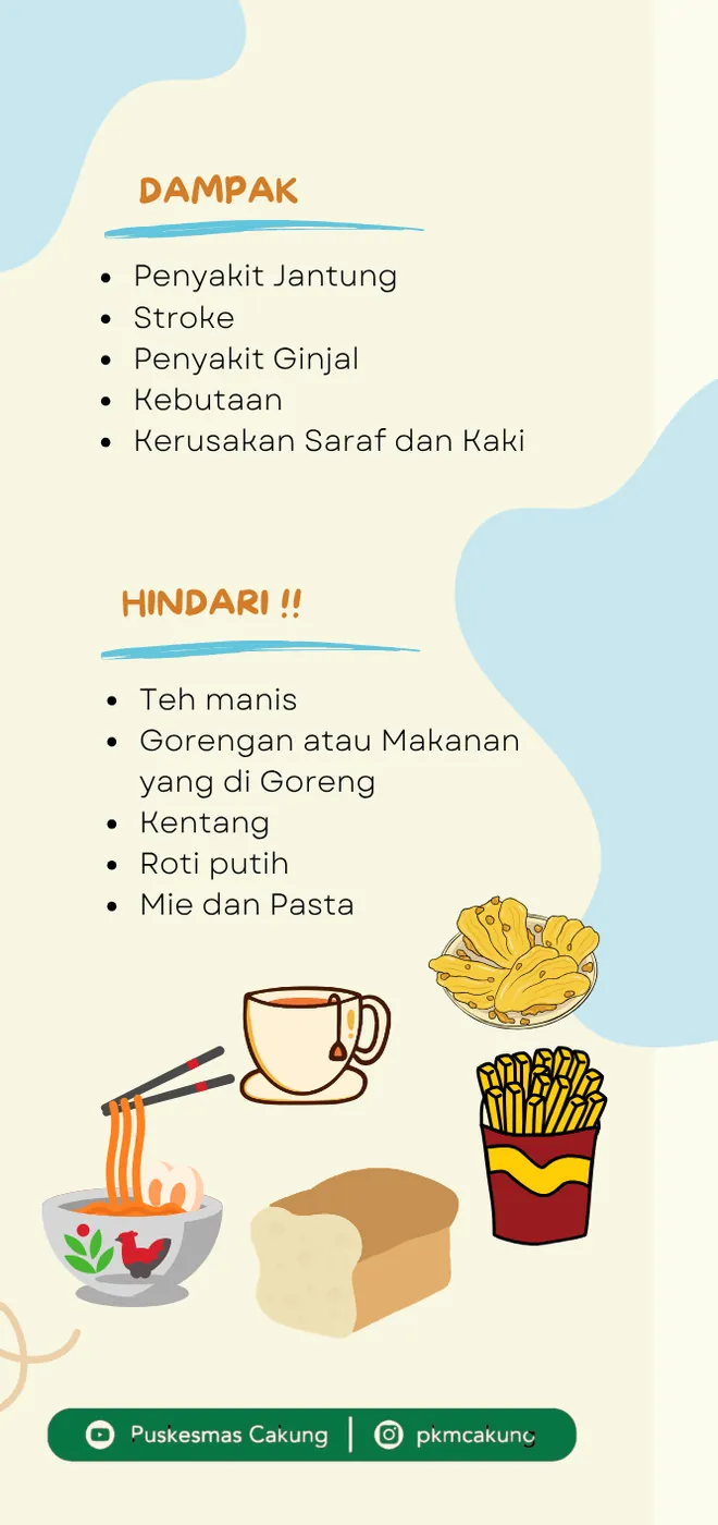Panel berisi daftar dampak diabetes seperti penyakit jantung, stroke, dan gagal ginjal, serta makanan yang perlu dihindari.