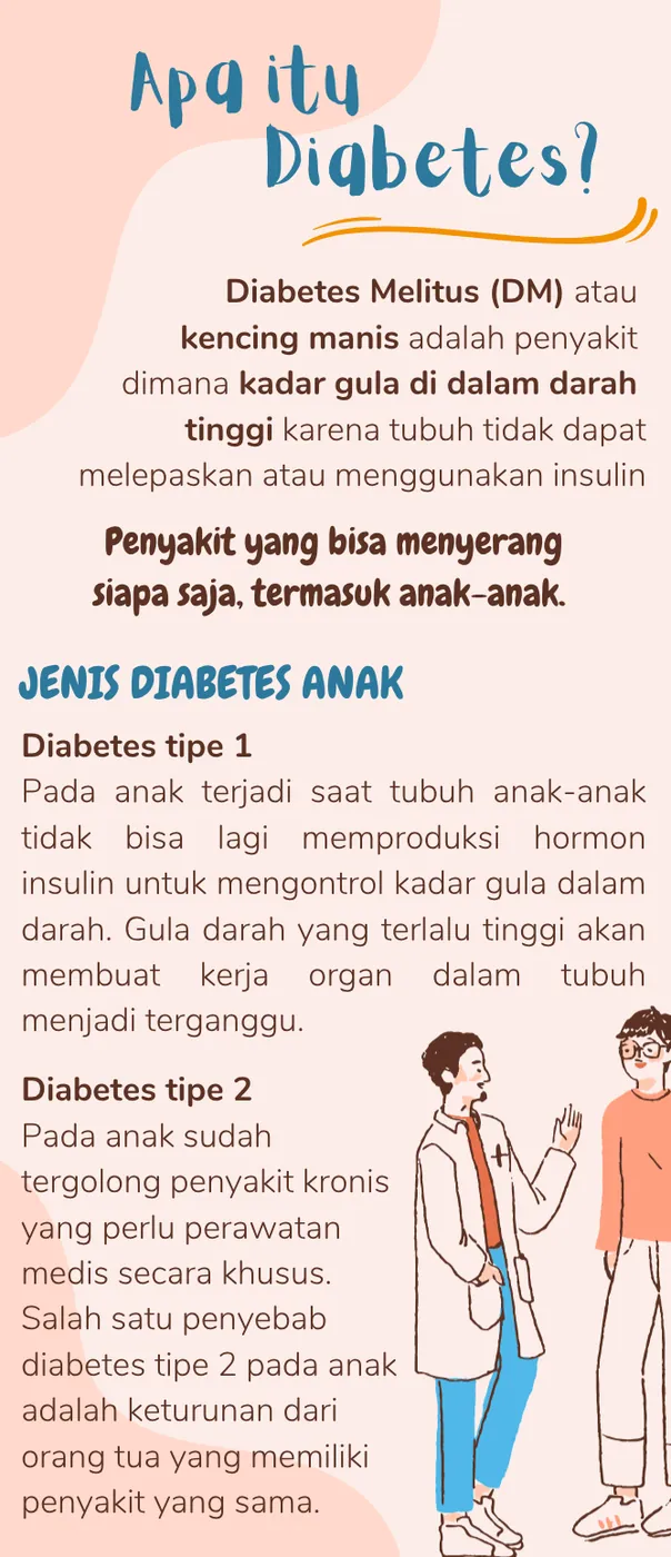 Panel berisi penjelasan diabetes melitus dan perbedaan diabetes tipe 1 dan tipe 2 pada anak.