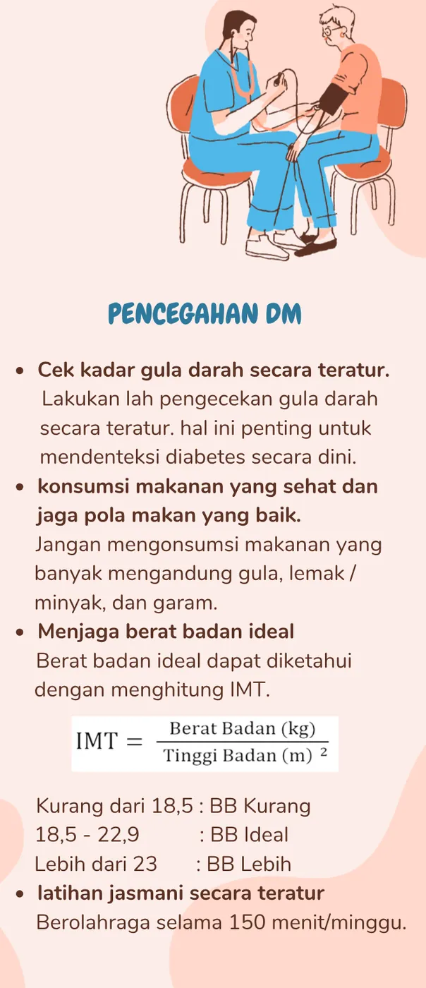 Panel berisi tiga langkah pencegahan diabetes pada anak, yaitu cek gula darah berkala, pola makan sehat, dan latihan jasmani.