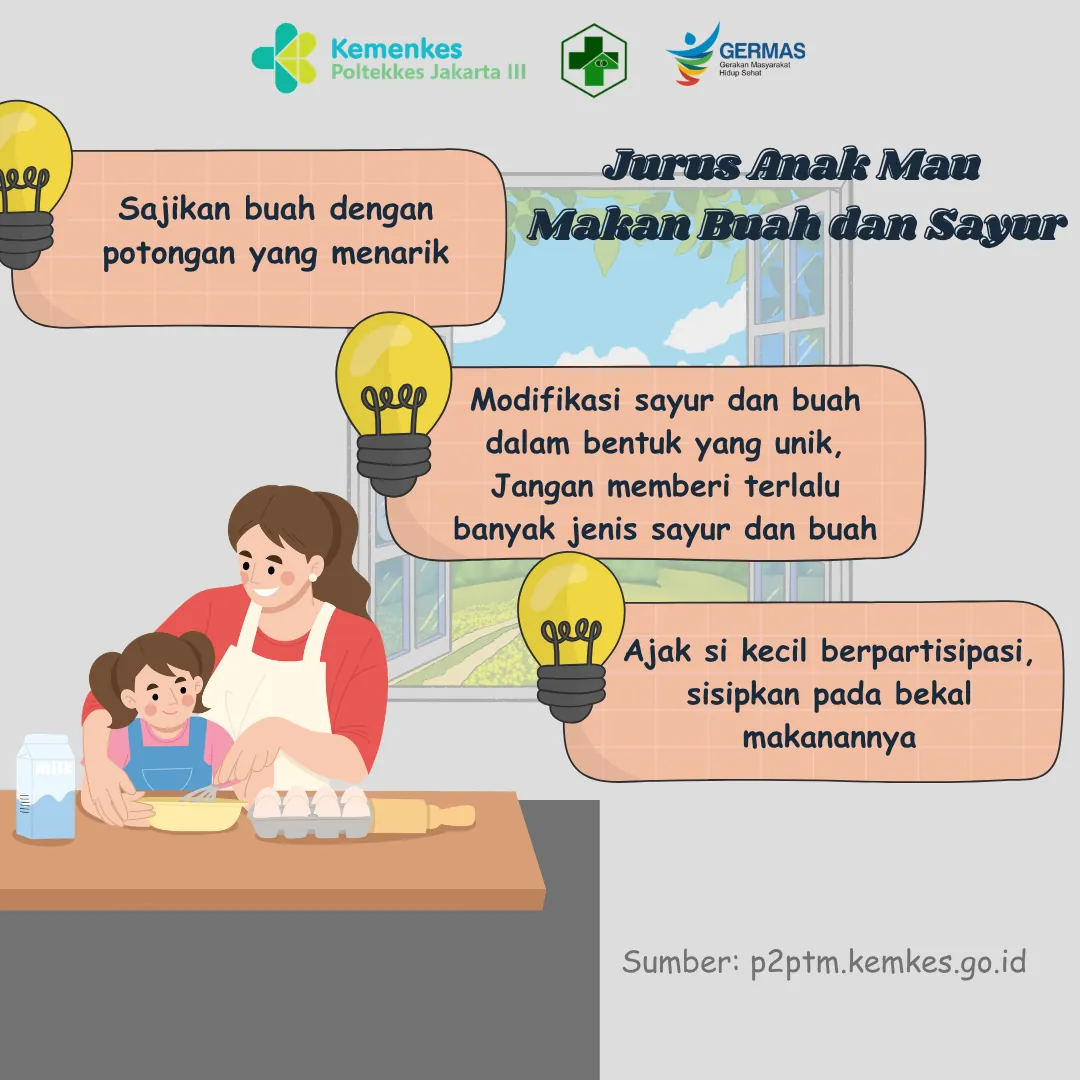 Panel berisi tiga anjuran penyajian buah dan sayur untuk anak, termasuk memotong dengan bentuk menarik dan melibatkan anak.