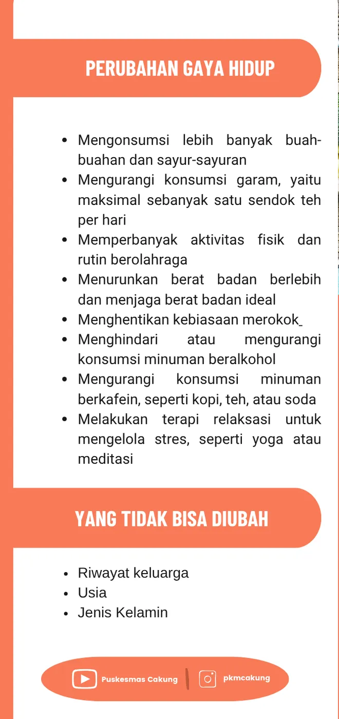 Panel berisi daftar perubahan gaya hidup untuk penderita hipertensi dan daftar faktor yang tidak dapat diubah seperti usia dan jenis kelamin.