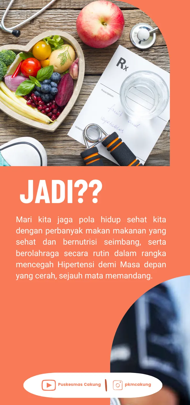 Panel berisi foto makanan sehat dan alat pemeriksa tekanan darah dengan kalimat ajakan menjaga pola hidup sehat.