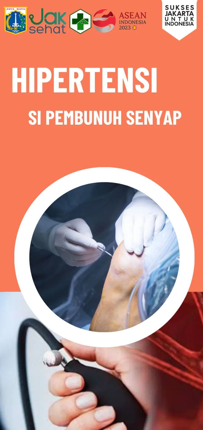 Panel berisi judul hipertensi si pembunuh senyap dengan ilustrasi pemeriksaan tekanan darah.