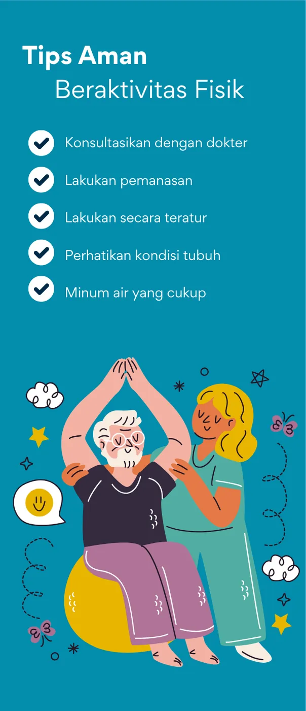 Panel berisi lima tips aman beraktivitas fisik, termasuk konsultasi dengan dokter, pemanasan, dan minum air yang cukup.