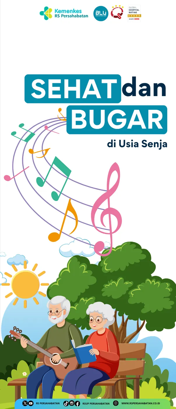 Panel berisi ilustrasi pasangan lansia bermain gitar di taman dengan judul sehat dan bugar di usia senja.