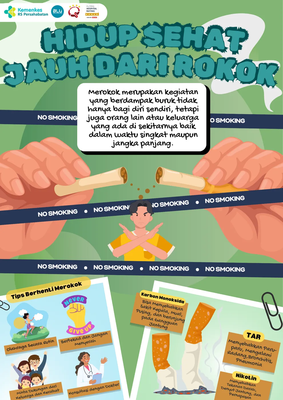 Poster berjudul hidup sehat jauh dari rokok, berisi tips berhenti merokok dan penjelasan zat seperti karbon monoksida, tar, dan nikotin.