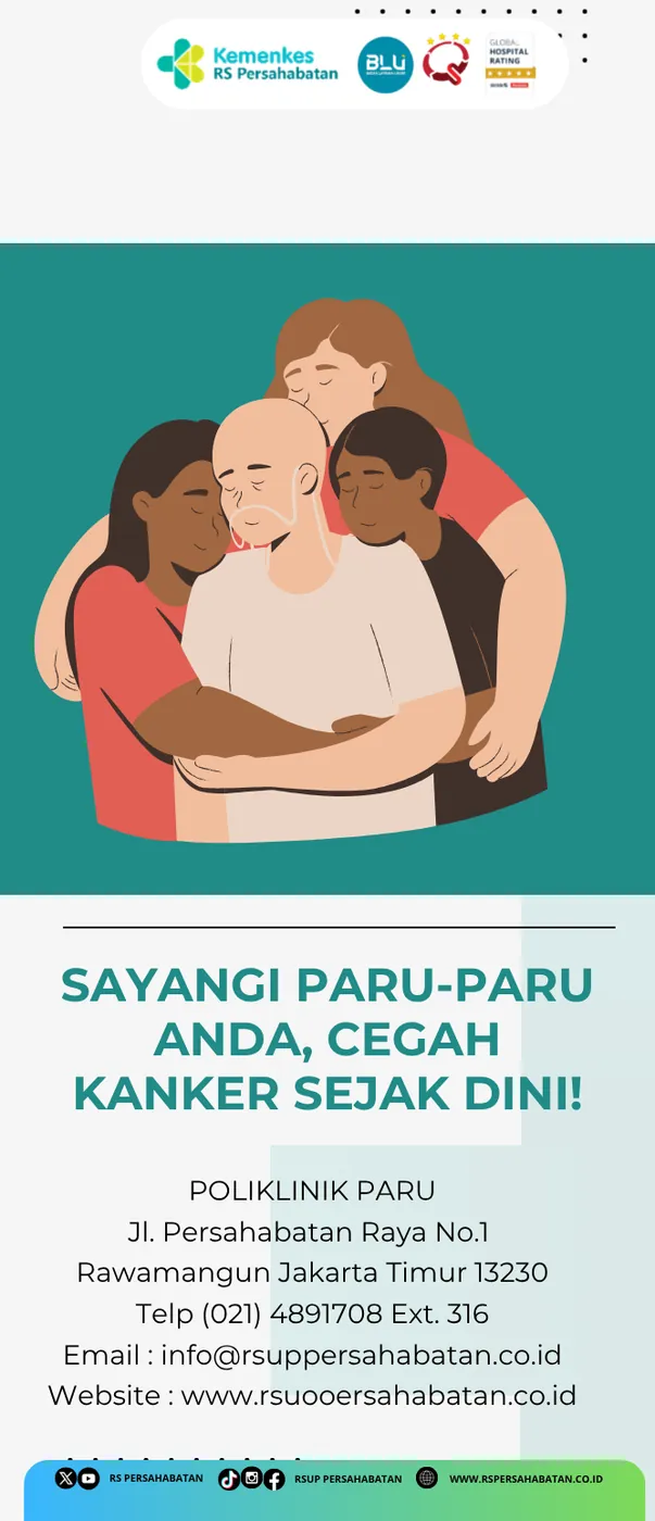 Panel berisi ilustrasi keluarga memeluk pasien dan ajakan mencegah kanker paru sejak dini.