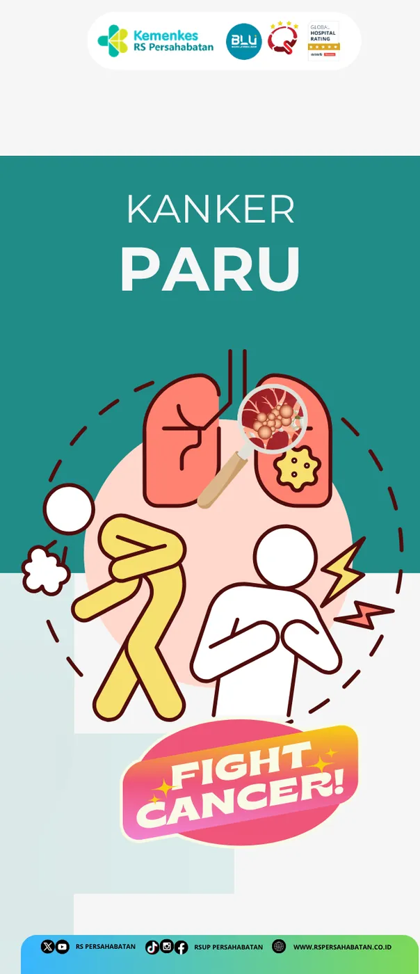 Panel berisi judul kanker paru dengan ilustrasi paru-paru dan pita dukungan pasien kanker.