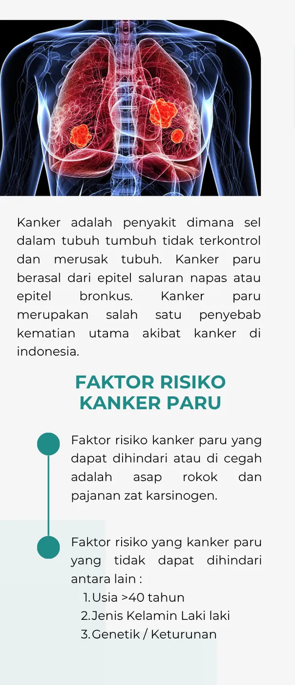 Panel berisi penjelasan kanker dan daftar faktor risiko kanker paru, termasuk asap rokok, usia, dan keturunan.