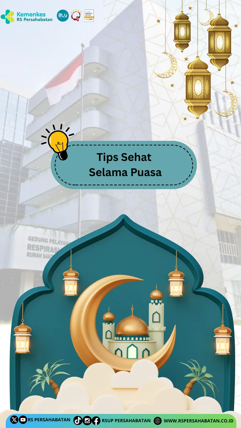 Story vertikal bernuansa Ramadan dengan judul tips sehat selama puasa.
