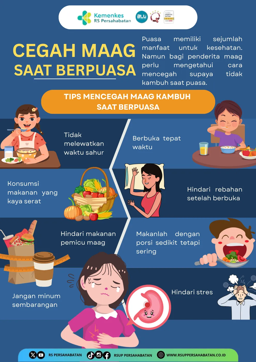 Poster berlatar biru gelap berisi judul cegah maag saat berpuasa dan delapan tips, termasuk tidak melewatkan sahur dan berbuka tepat waktu.