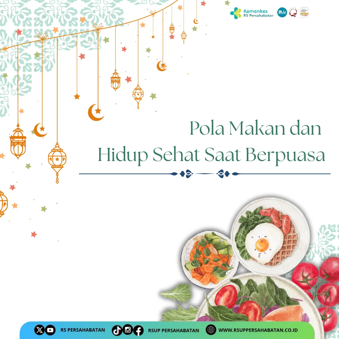 Panel berisi ilustrasi hidangan berbuka dengan judul pola makan dan hidup sehat saat berpuasa.