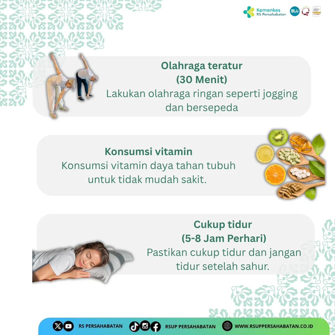 Panel berisi tiga anjuran, yaitu olahraga 30 menit, konsumsi vitamin, dan tidur lima sampai delapan jam.