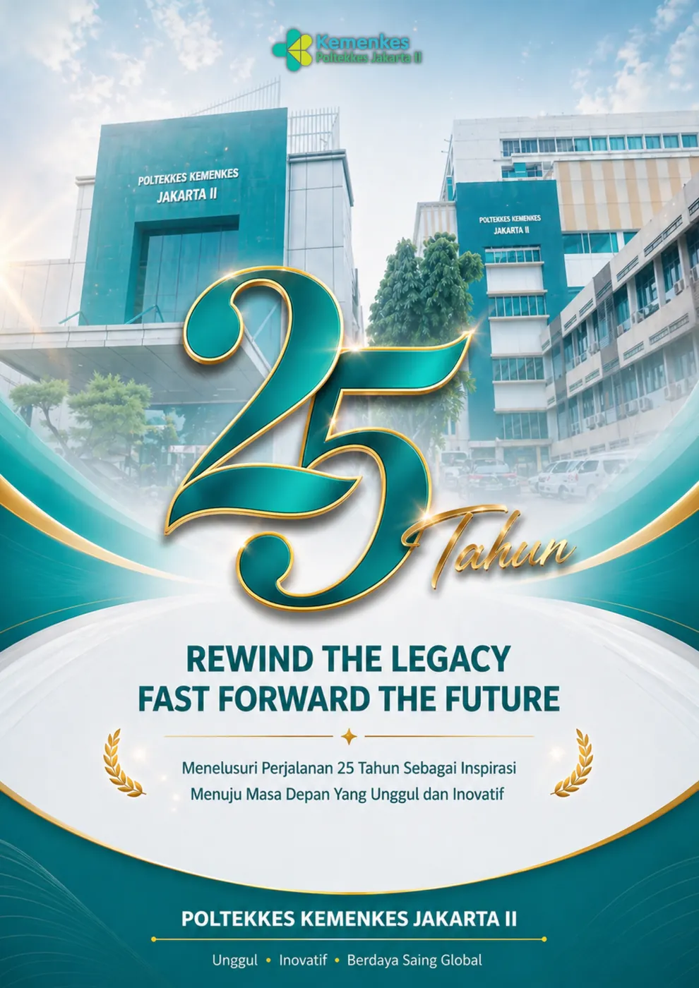 Poster peringatan 25 tahun Poltekkes Kemenkes Jakarta II dengan angka 25 besar dan tulisan rewind the legacy fast forward the future.