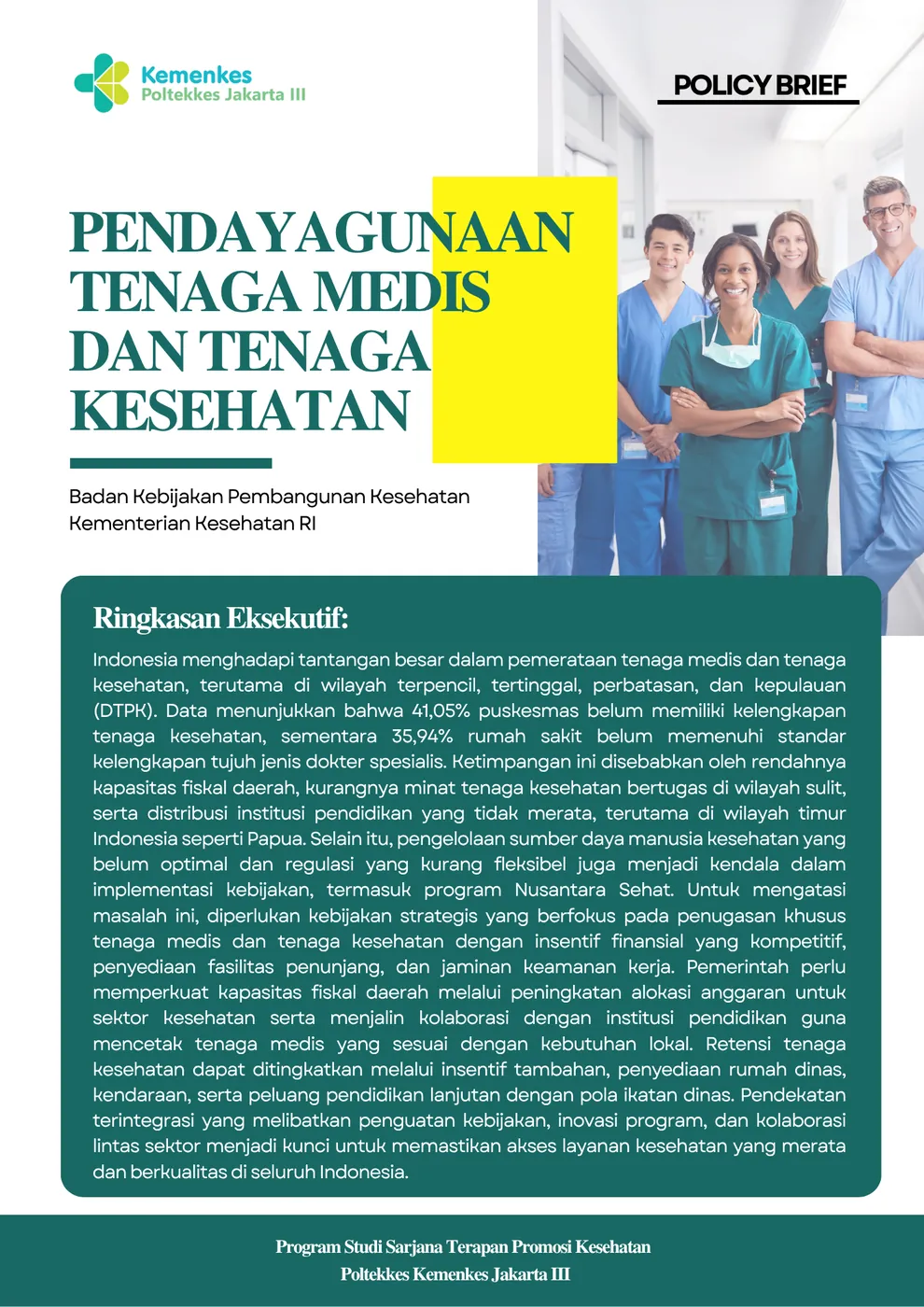 Halaman sampul policy brief berjudul pendayagunaan tenaga medis dan tenaga kesehatan dengan blok ringkasan eksekutif berwarna hijau.