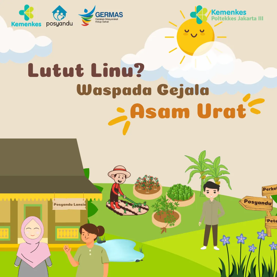 Panel berisi ilustrasi nyeri lutut dan judul lutut linu, waspada gejala asam urat.