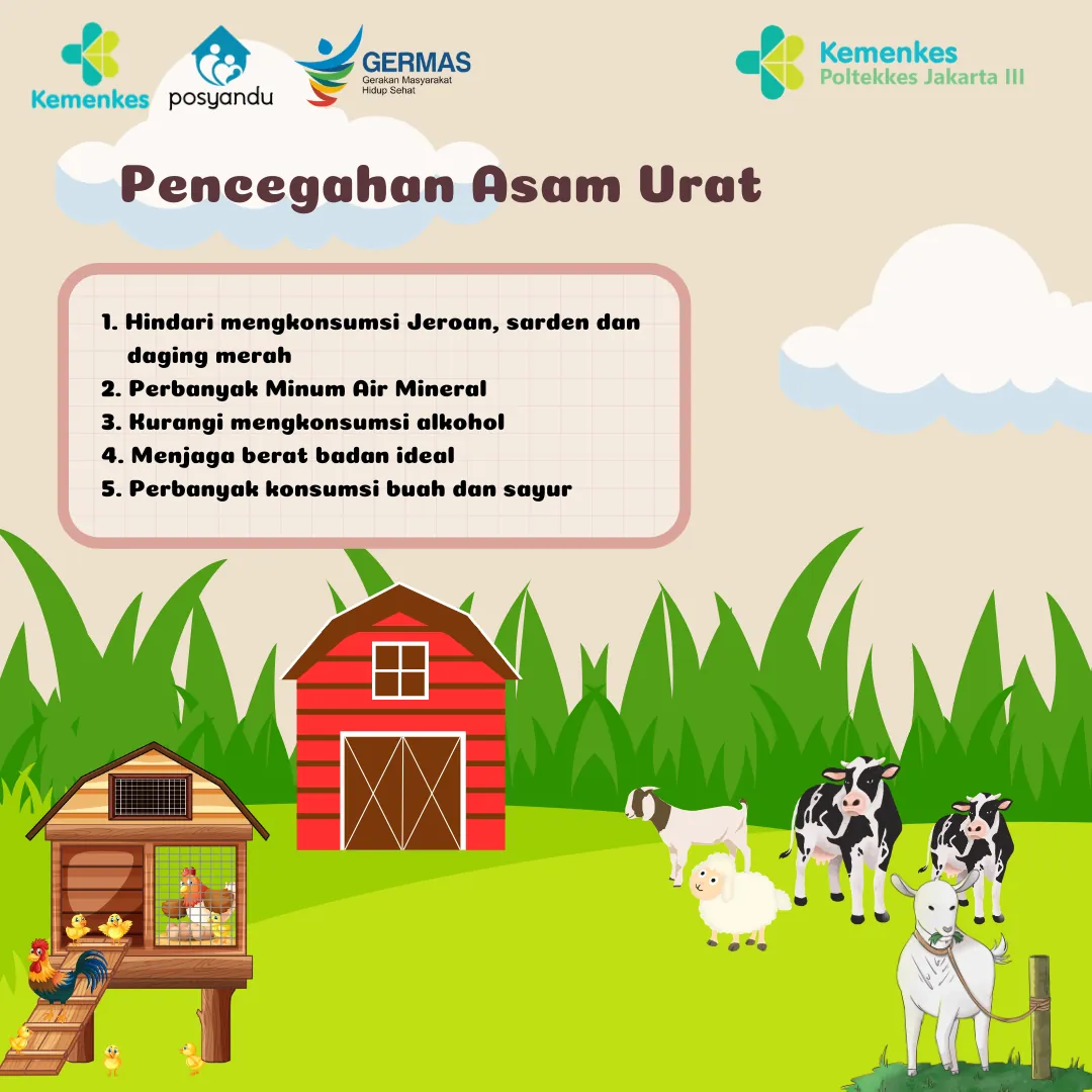 Panel berisi lima langkah pencegahan asam urat, termasuk menjaga berat badan ideal dan mengurangi konsumsi jeroan.