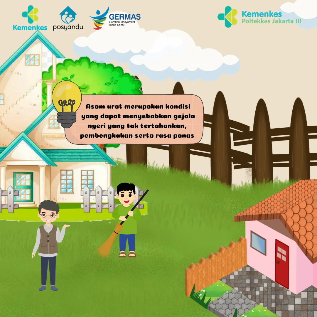 Panel berisi ilustrasi rumah dan penjelasan bahwa asam urat menimbulkan nyeri, pembengkakan, dan rasa panas.