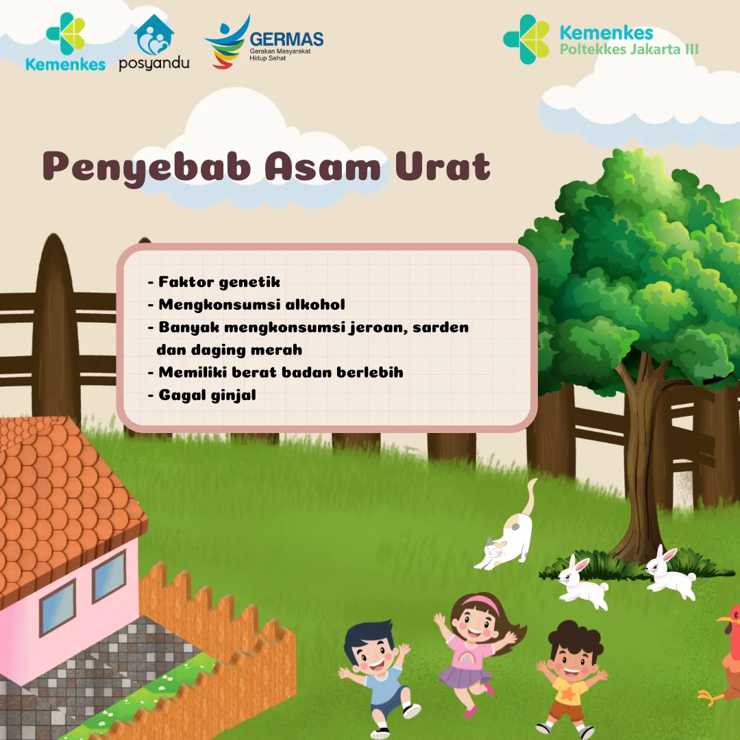 Panel berisi daftar penyebab asam urat, termasuk faktor genetik, alkohol, jeroan, dan berat badan berlebih.