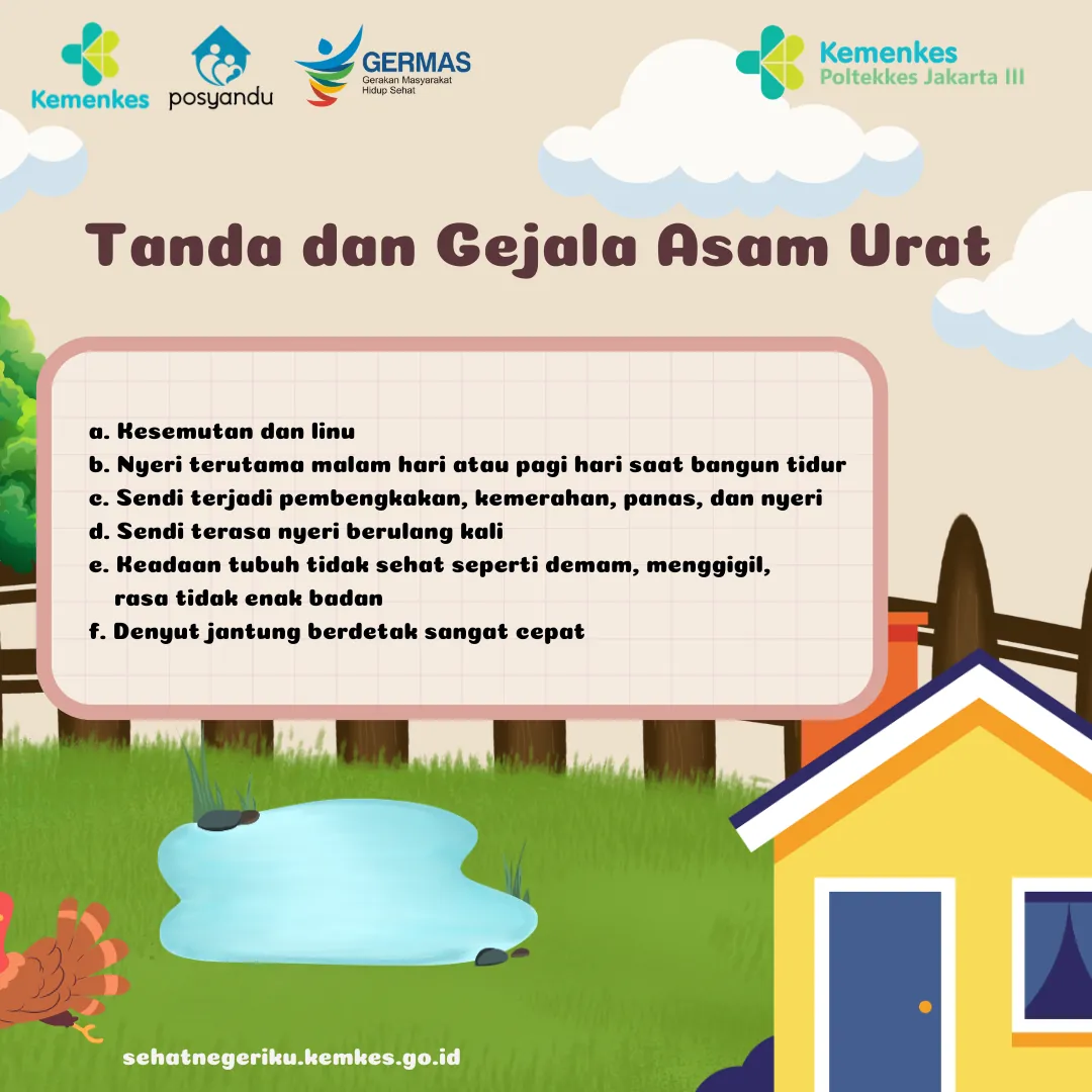 Panel berisi daftar tanda dan gejala asam urat, seperti kesemutan, nyeri sendi berulang, dan sendi yang membengkak.